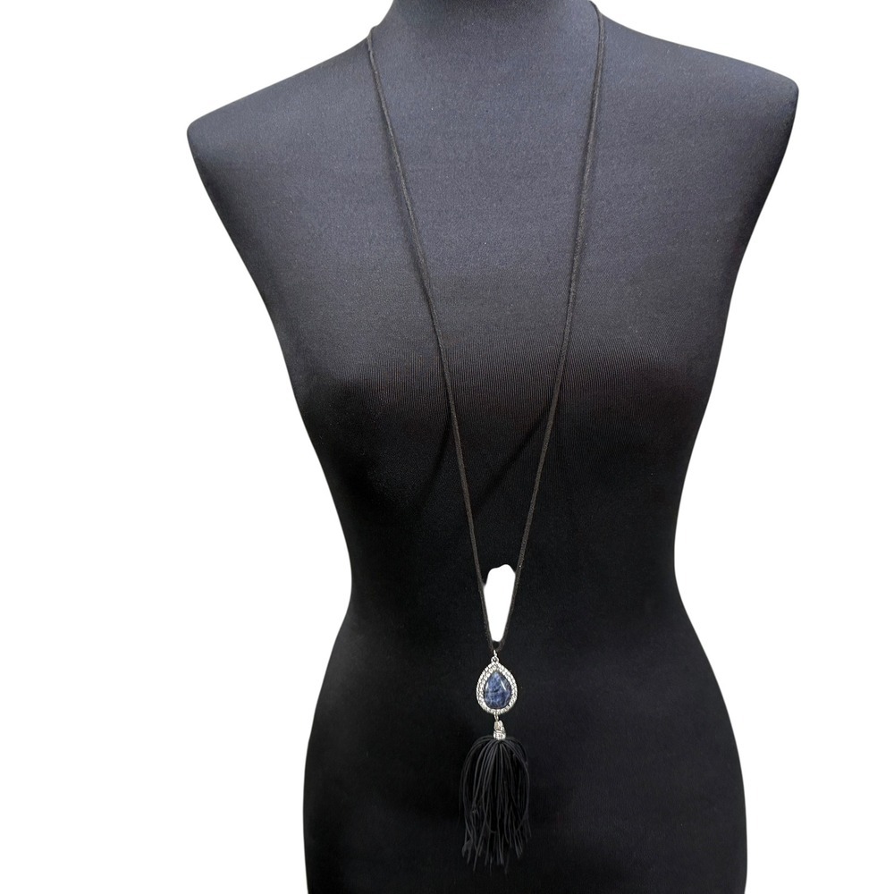 WHBM Long Pendant and Necklace Blue Stone Teardrop Rhinestone Tassel Black Cord